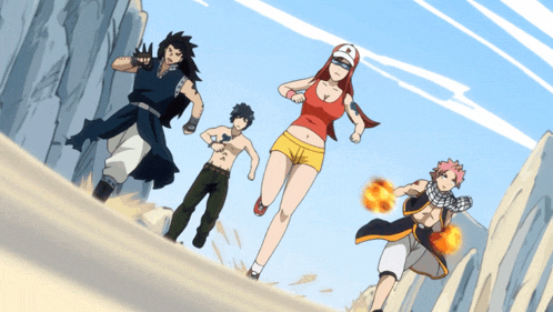 a group of cartoon characters are running in a line