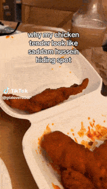 two styrofoam containers of fried chicken with a caption that says why my chicken tender look like sad dam hussein hiding spot