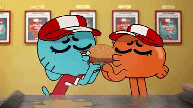 gumball and darwin from the amazing world of gumball are eating burgers