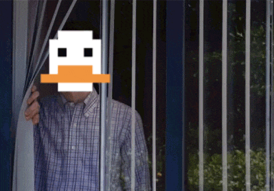 a man in a plaid shirt looks out a window with a pixelated duck face on his face