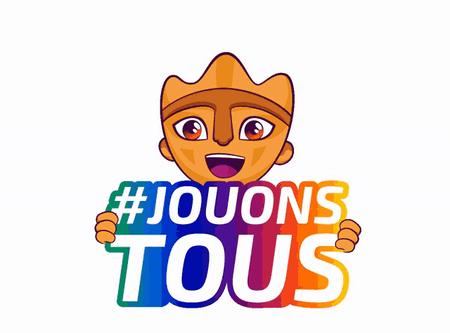 a cartoon character is holding a sign that says " jouons tous "