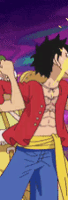 monkey d luffy from one piece is standing in front of a purple sky