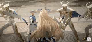 a woman is standing in front of a group of angels holding swords
