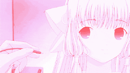 a pink anime girl with red eyes is being brushed