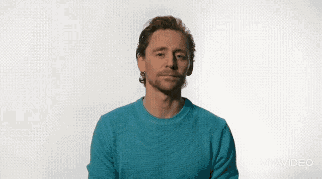 a man with a beard is wearing a blue sweater and looking at the camera .