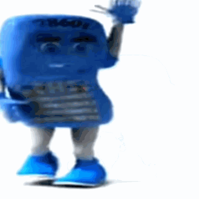 a blue cartoon character is standing on a white surface .