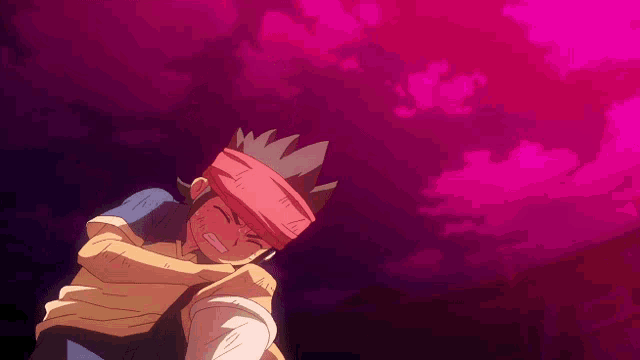 a cartoon character with a red headband on against a purple background