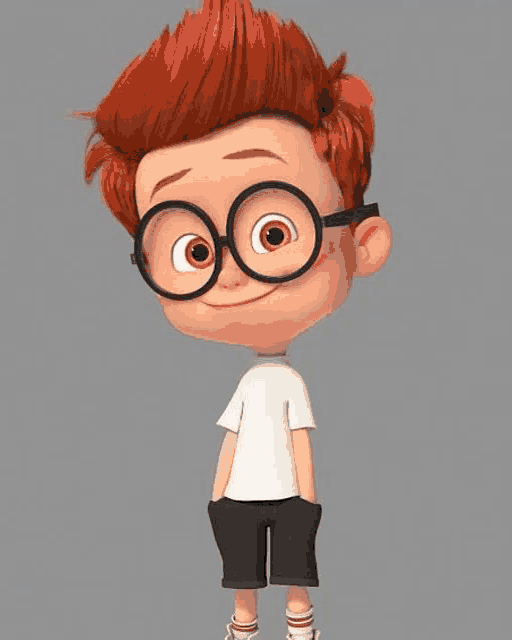 a cartoon boy with red hair and glasses is standing in front of a gray background .