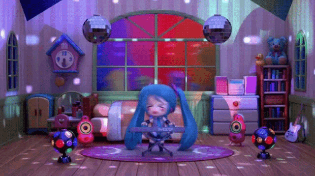 a cartoon character is playing a keyboard in a room with disco balls and a clock