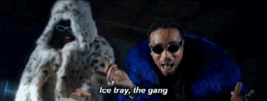a man in a blue fur coat and sunglasses is talking about ice tray , the gang .