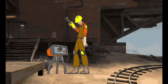 a cartoon of a man working in a factory with a sign that says scrappy
