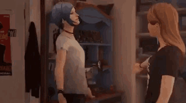 a couple of girls are standing next to each other in a room in a video game .