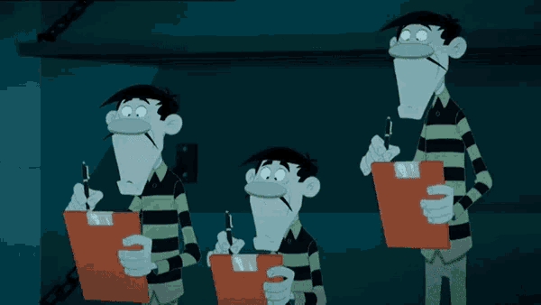 three cartoon characters standing next to each other with clipboards in their hands