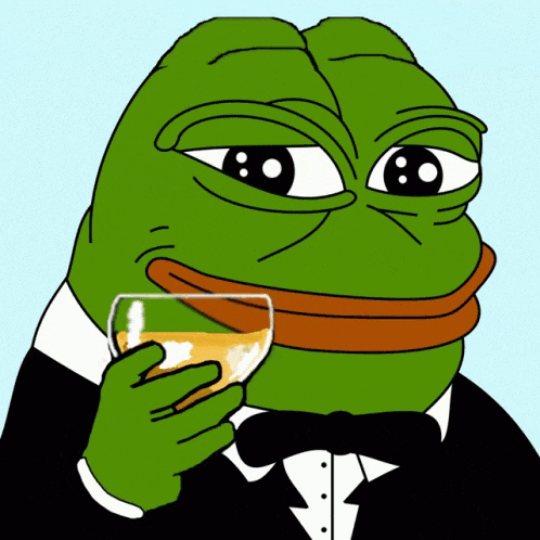 a green frog wearing a tuxedo is holding a glass