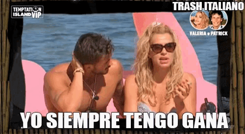 a man and a woman are sitting on a pink raft with the words yo siempre tengo gana written on the bottom