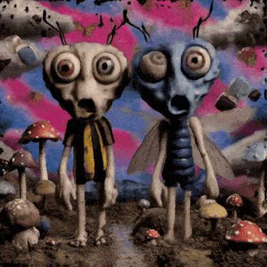 a couple of cartoon characters standing next to each other in a field of mushrooms