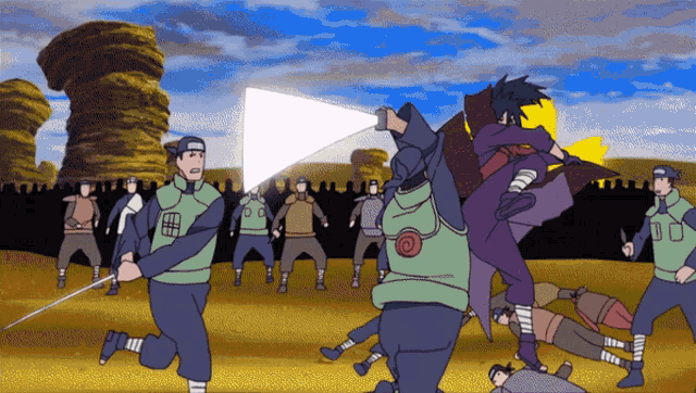 a cartoon of a group of ninja fighting each other with a sword
