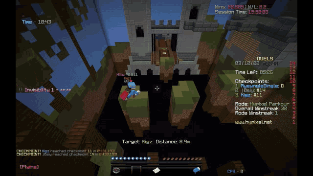 a screenshot of a minecraft game with the words oh shit there 's a wall at the bottom