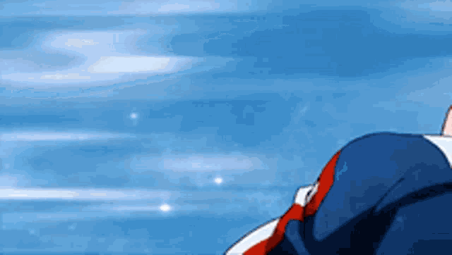 a cartoon character is flying through the air in front of a blue sky .