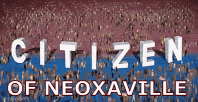 citizen of neoxaville is written in white letters on a blue and red background
