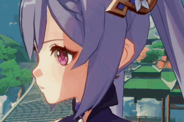 a close up of a purple haired anime character