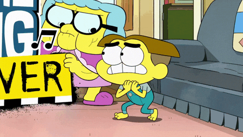 a couple of cartoon characters standing next to a sign that says ver
