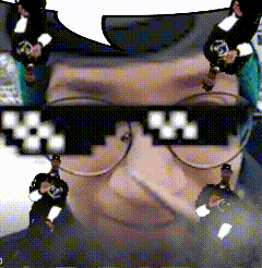 a pixelated image of a man wearing glasses with a speech bubble in the background