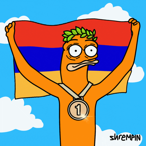 a cartoon character holding a flag and a medal with the number 1