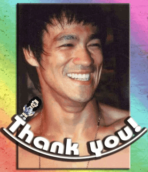 a picture of bruce lee with the words thank you on it