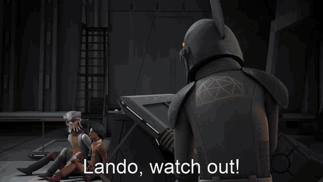 a cartoon character says " lando watch out " in front of a group of people