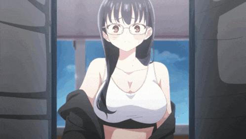 a girl with glasses and a very large breast is standing in a doorway