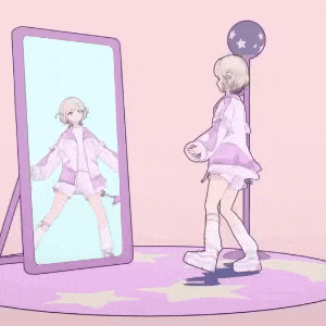 a girl is standing in front of a mirror and looking at herself .