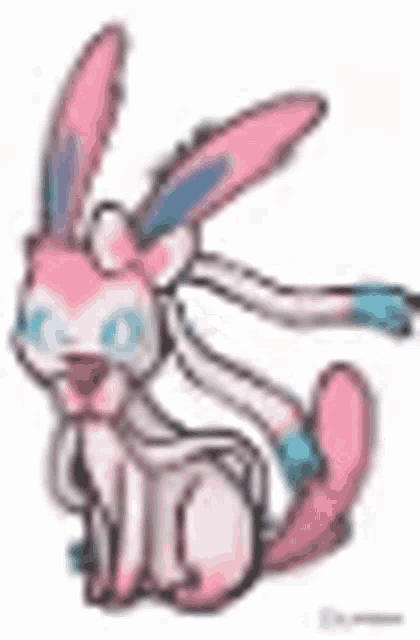 a pixel art drawing of a pink rabbit with blue eyes and a long tail .