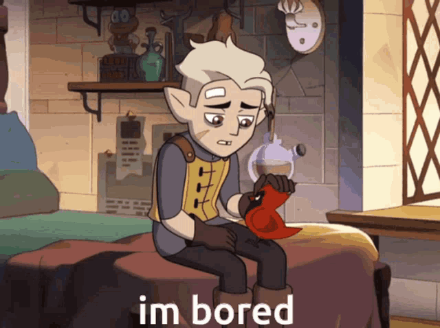 a cartoon character is sitting on a bed with the words im bored written below him
