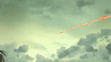 a dragon flying through a cloudy sky with a few birds flying in the background