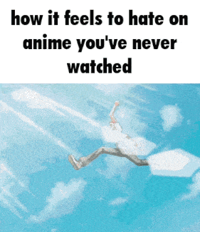 a man is flying through the air with the words how it feels to hate on anime you 've never watched below him