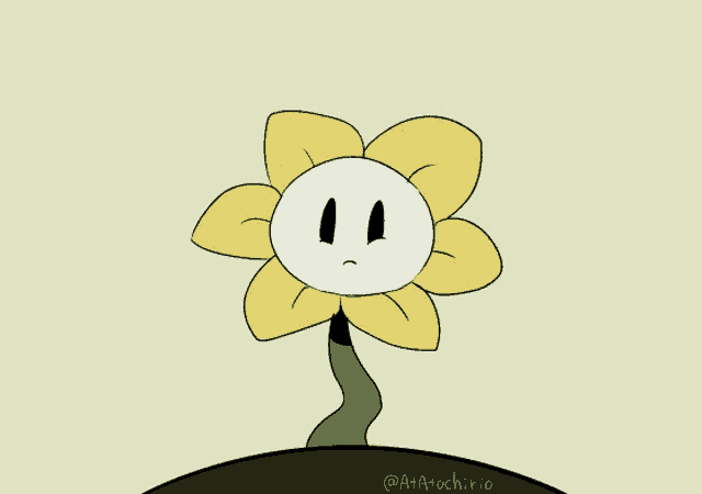 a cartoon drawing of a flower with an angry face by @atarochirio