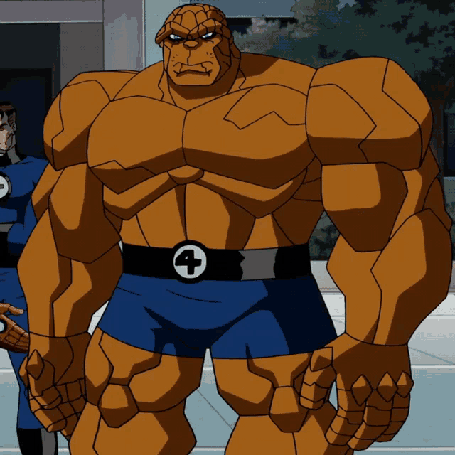 a cartoon drawing of the thing wearing blue shorts and a black belt with a 4 on it