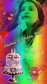 a birthday card with a picture of a woman and a cake