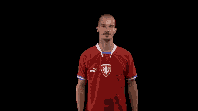 a man in a red shirt with a lion on the front