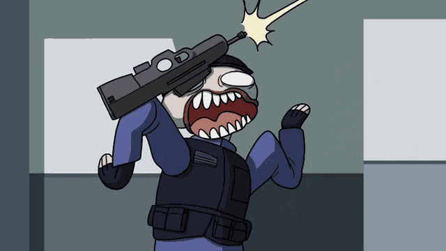 a cartoon of a man holding a rifle with his mouth wide open