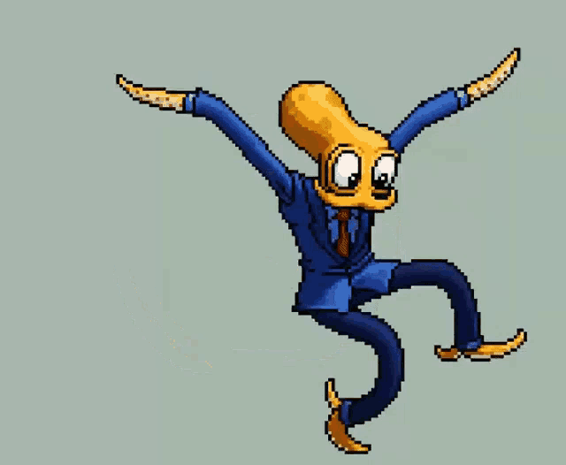 a pixel art drawing of a squirrel in a blue and yellow costume