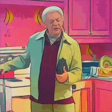 a cartoon drawing of an older man holding a wallet in a kitchen