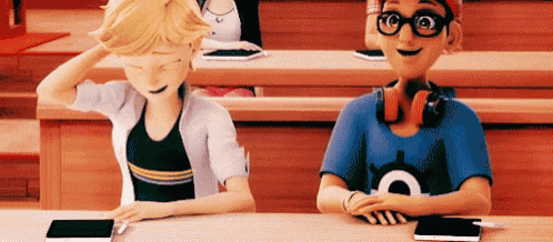 two cartoon characters are sitting at a table in a classroom with their phones .