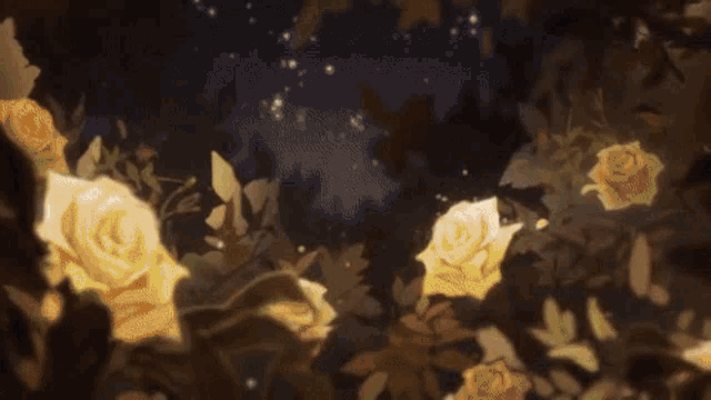 a bunch of flowers are floating in the air on a dark background