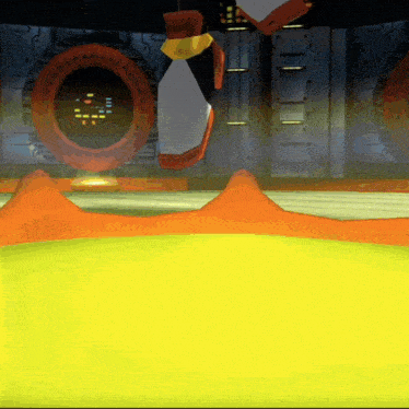 a computer generated image of a room with a yellow floor and orange mountains