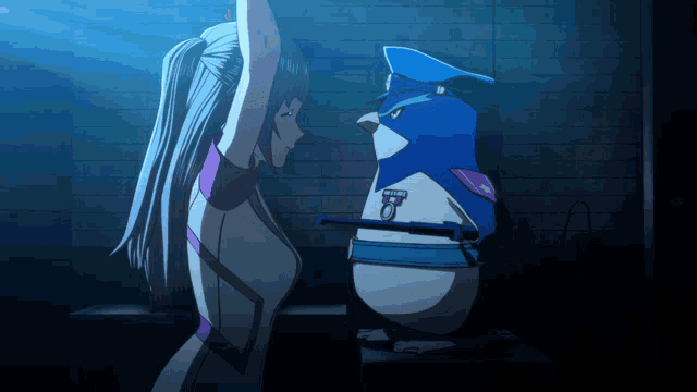 a woman is standing next to a penguin with a badge that says penguin