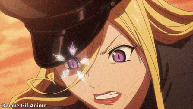 a blonde anime girl with purple eyes is wearing a hat