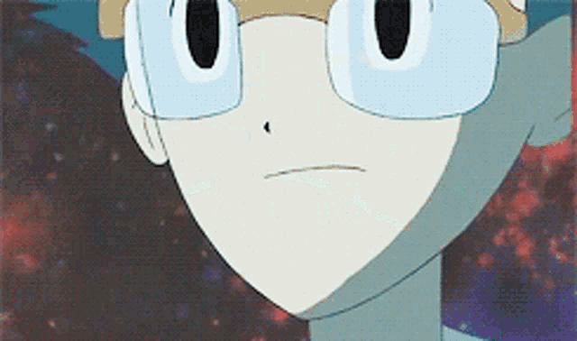 a close up of a cartoon character 's face wearing glasses