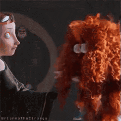 a cartoon character with red hair and big eyes is talking to another cartoon character